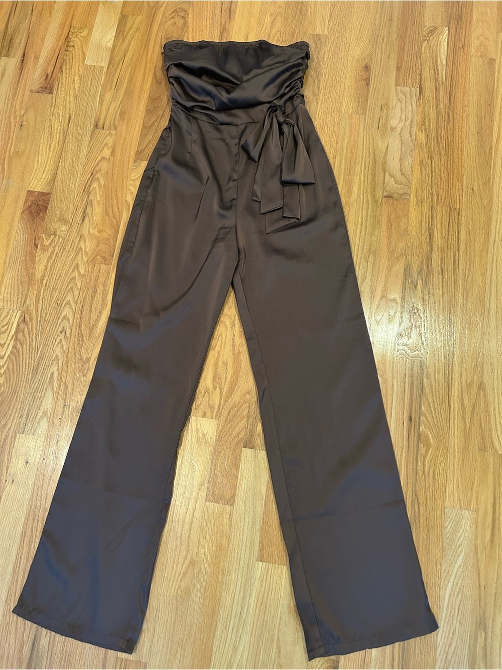 PrettyLittleThing Chocolate Strapless Satin Wide-Leg Jumpsuit